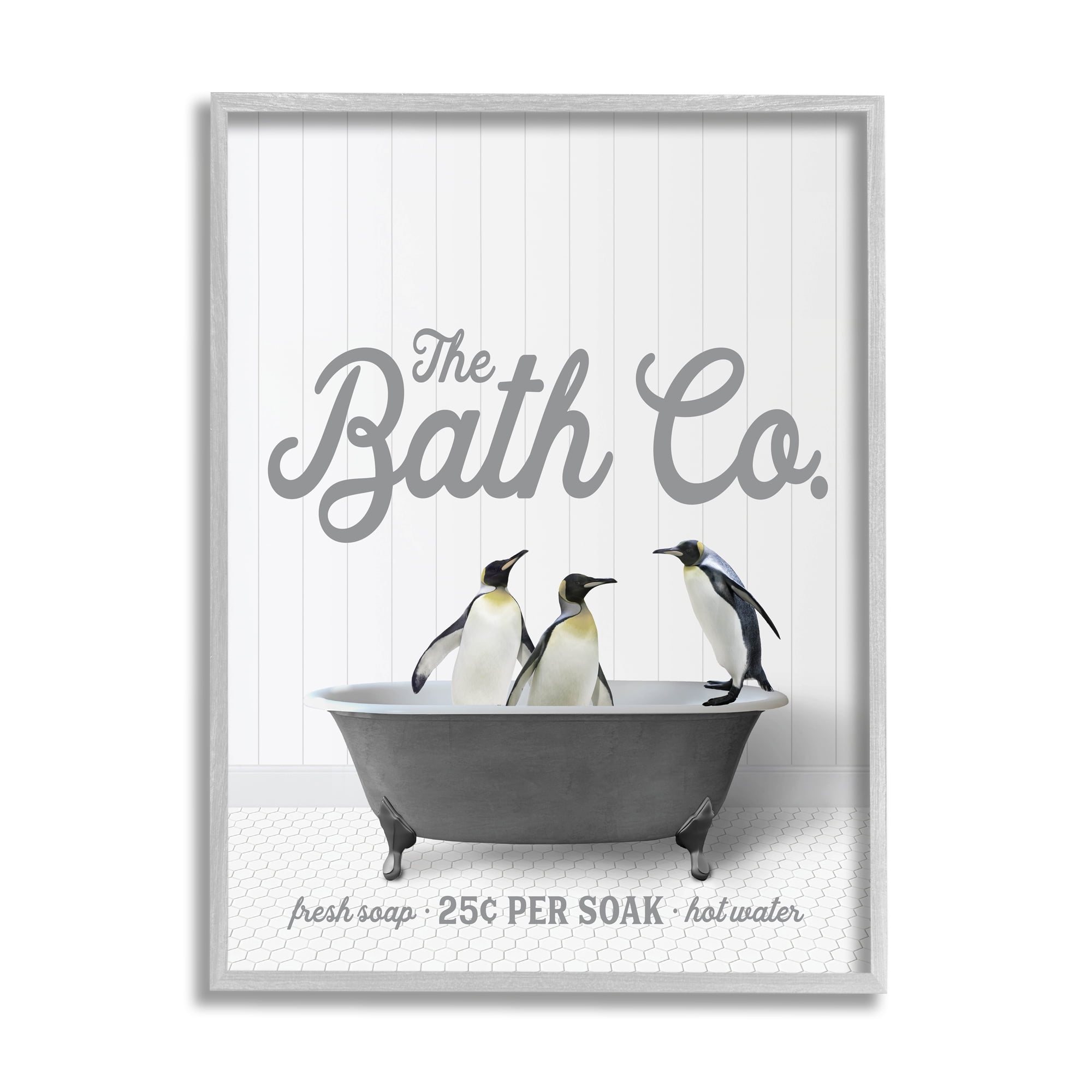 Stupell Industries Bathing Penguins in Tub Animals & Insects Painting Gray Framed Art Print Wall Art, 11 x 14