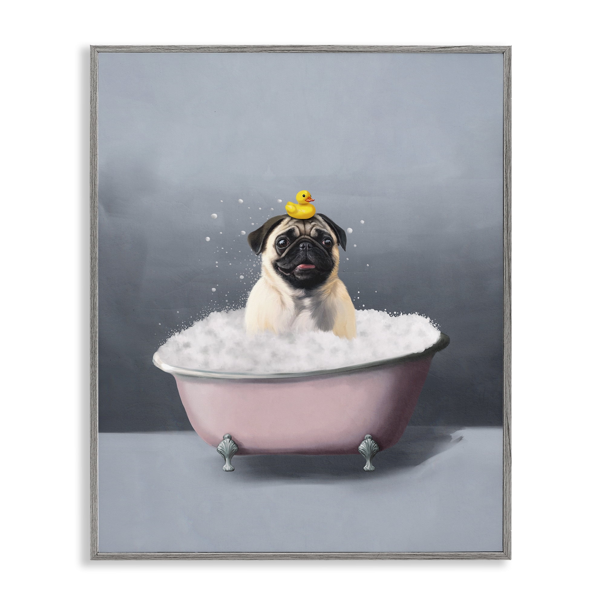 Stupell Industries Bathing Pug with Rubber Duck Bath & Laundry Painting Gray Framed Art Print Wall Art, 24 x 30