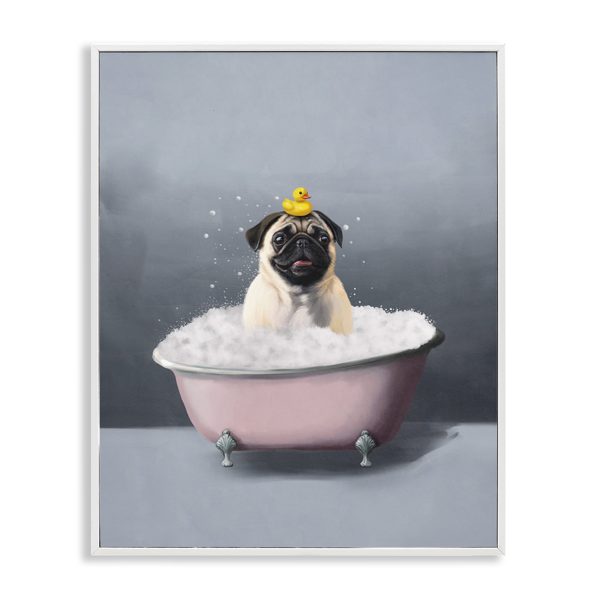 Stupell Industries Bathing Pug with Rubber Duck Bath & Laundry Painting White Framed Art Print Wall Art, 11 x 14