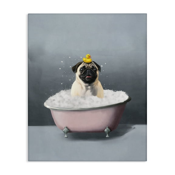 Stupell Industries Bathing Pug with Rubber Duck Bath & Laundry Painting Wrapped Canvas Art Print Wall Art, 16 x 20