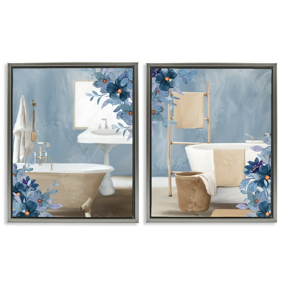 Stupell Industries Bathroom Blues Floral Interior 2 Piece Gray Framed Floater Canvas Set design by Kim Allen, 21 x 17