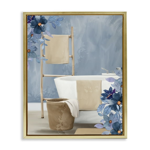 Stupell Industries Bathroom Blues Floral Scene Gold Framed Floater Canvas Wall Art design by Kim Allen, 31 x 25