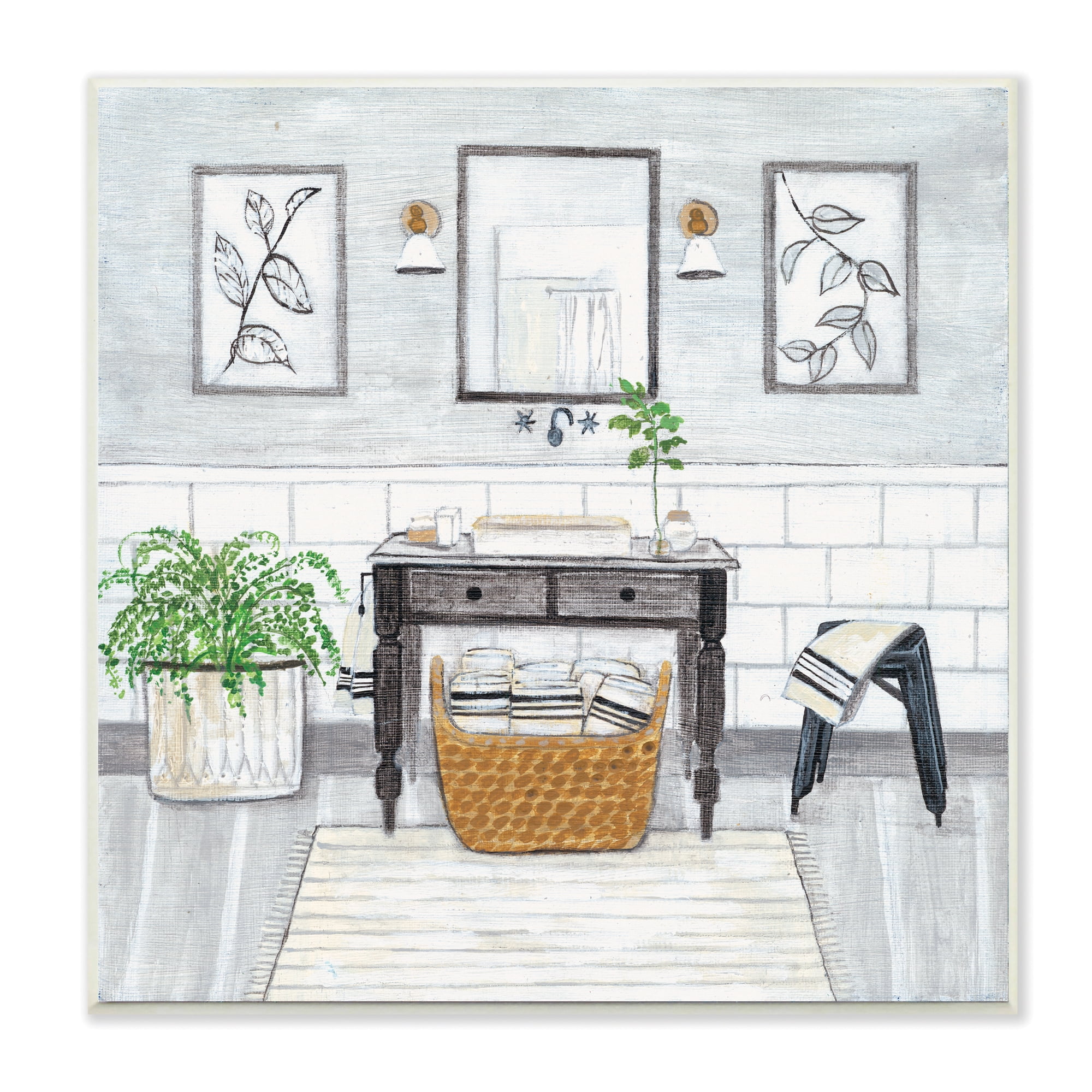 Stupell Industries Bathroom Farmhouse Style Neutral Gray Drawing Wood Plaque by Yellow Café