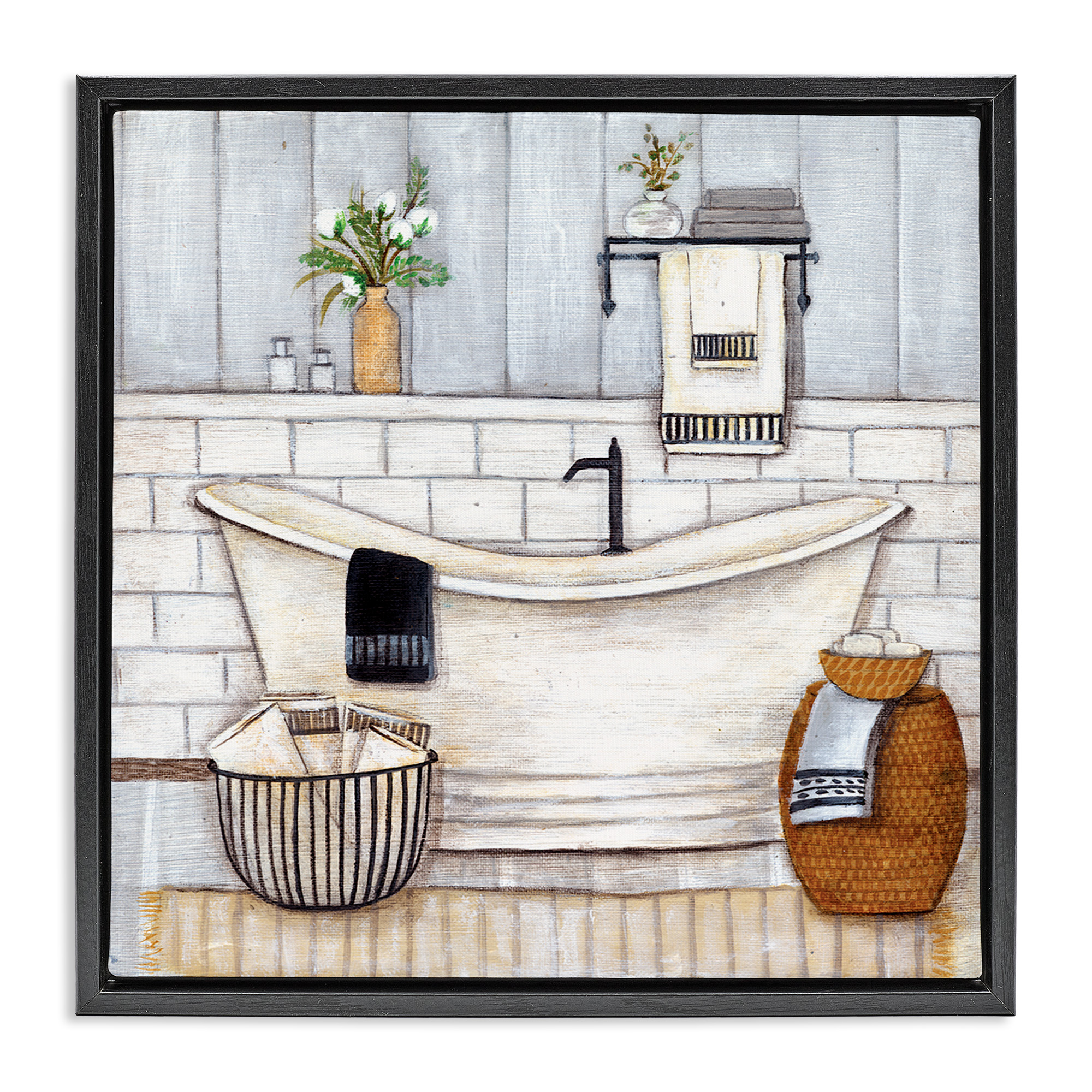 Stupell Industries Bathroom Farmhouse Style Tub Abstract Painting Black Floater Framed Canvas Art Print Wall Art, 25 x 25