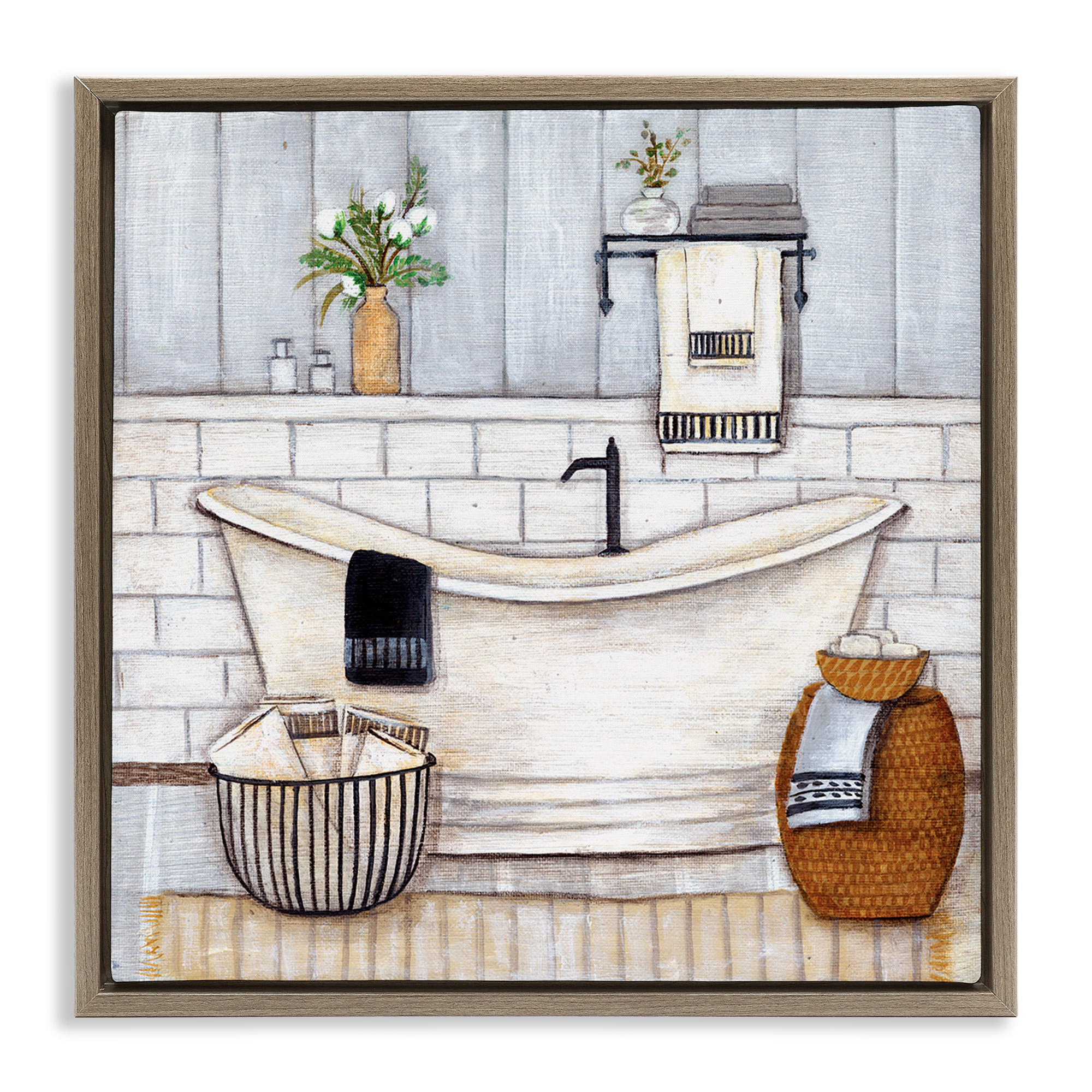 Stupell Industries Bathroom Farmhouse Style Tub Abstract Painting Brown Floater Framed Canvas Art Print Wall Art, 18 x 18