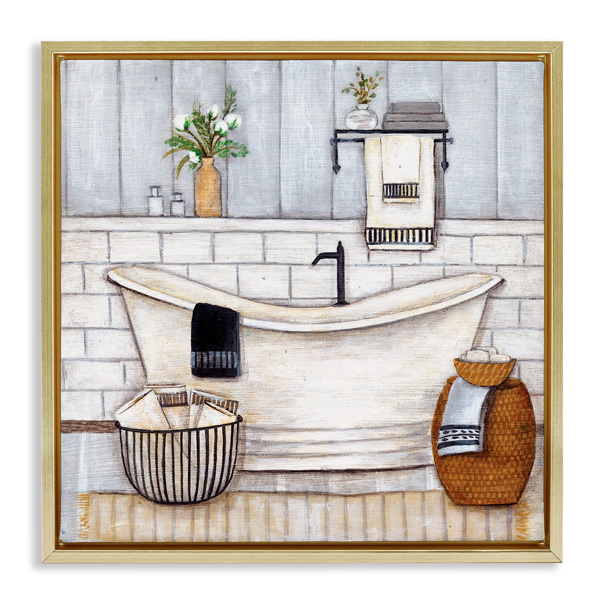 Stupell Industries Bathroom Farmhouse Style Tub Abstract Painting Gold Floater Framed Canvas Art Print Wall Art, 25 x 25