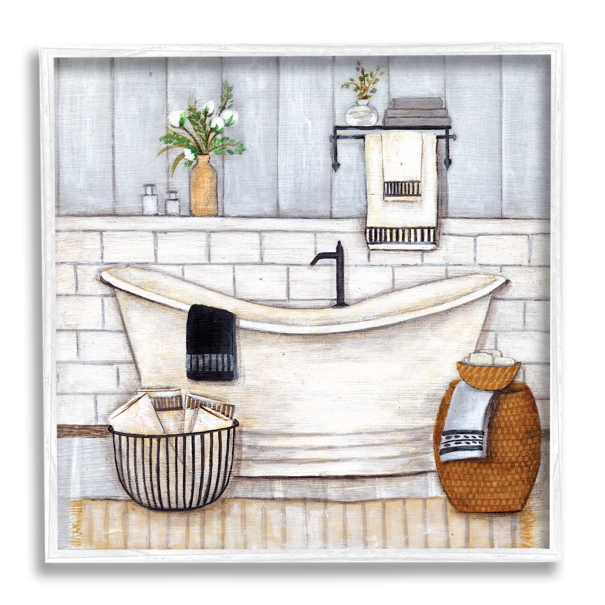 Neutral Grey Farmhouse Style Tub Print with White Frame, 24 x 24