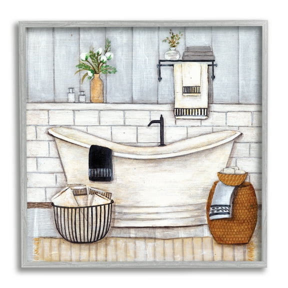Stupell Industries Bathroom Farmhouse Style Tub Neutral Grey Drawing, 24 x 24,Design by Yellow Café