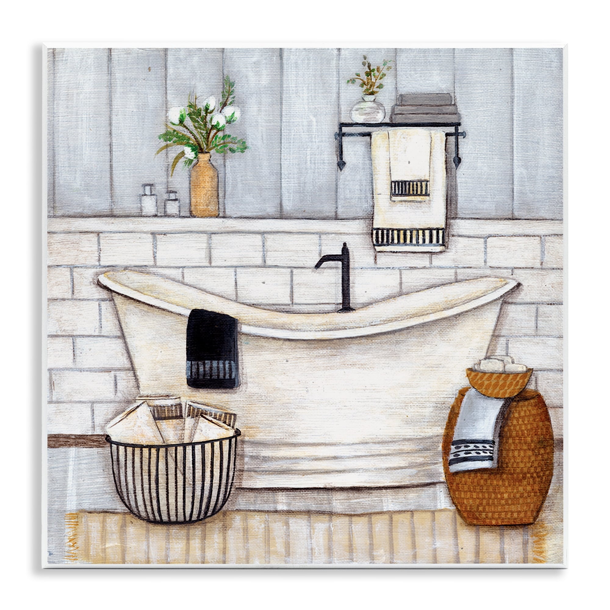 Neutral Grey Farmhouse Bathroom Tub Wall Plaque, 12x12