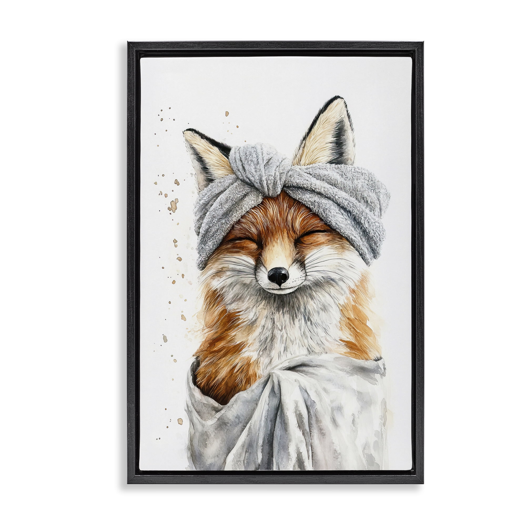 Stupell Industries Bathroom Fox Wrapped in Towel Black Framed Floater Canvas Wall Art, design by Tina LeCour