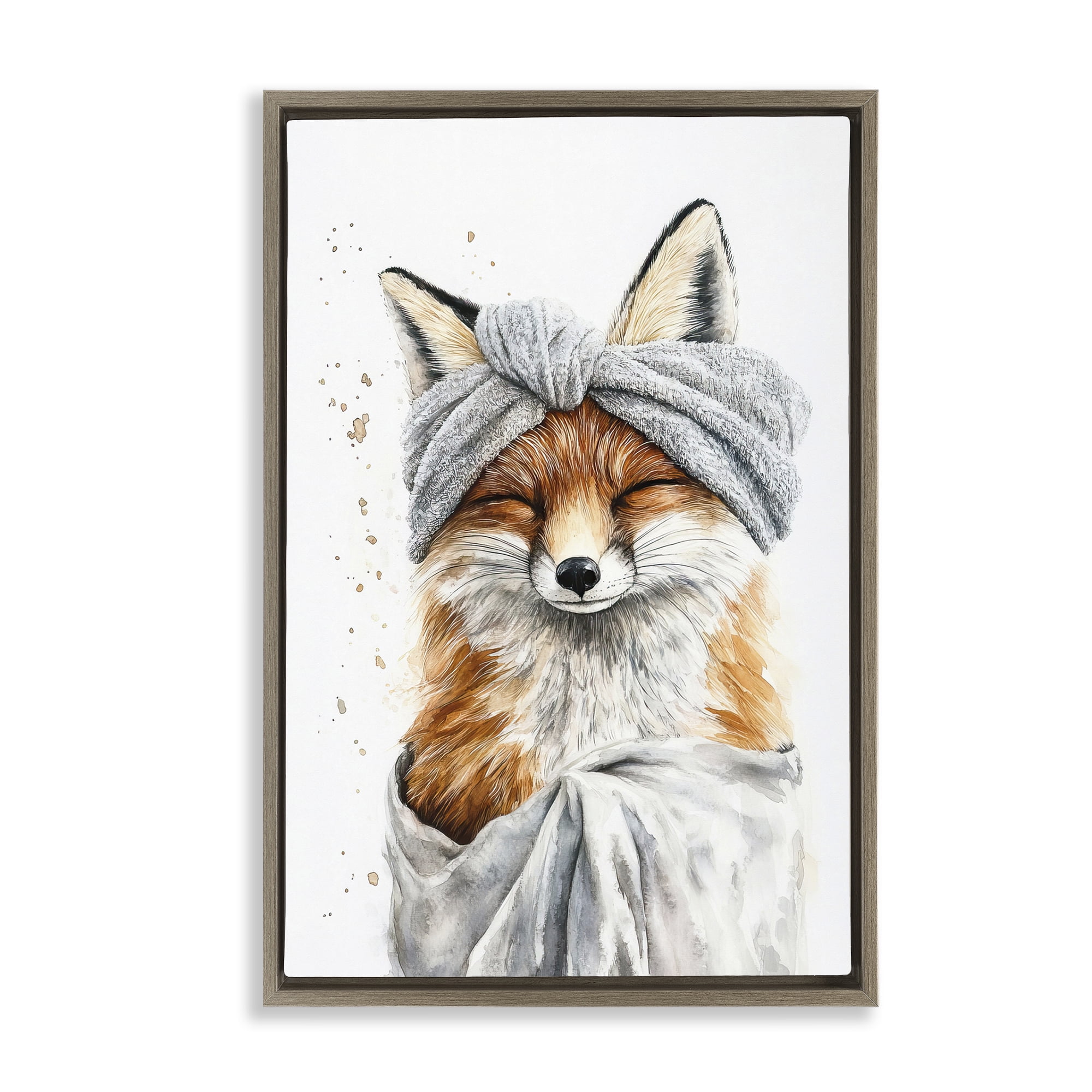 Stupell Industries Bathroom Fox Wrapped in Towel Brown Framed Floater Canvas Wall Art, design by Tina LeCour