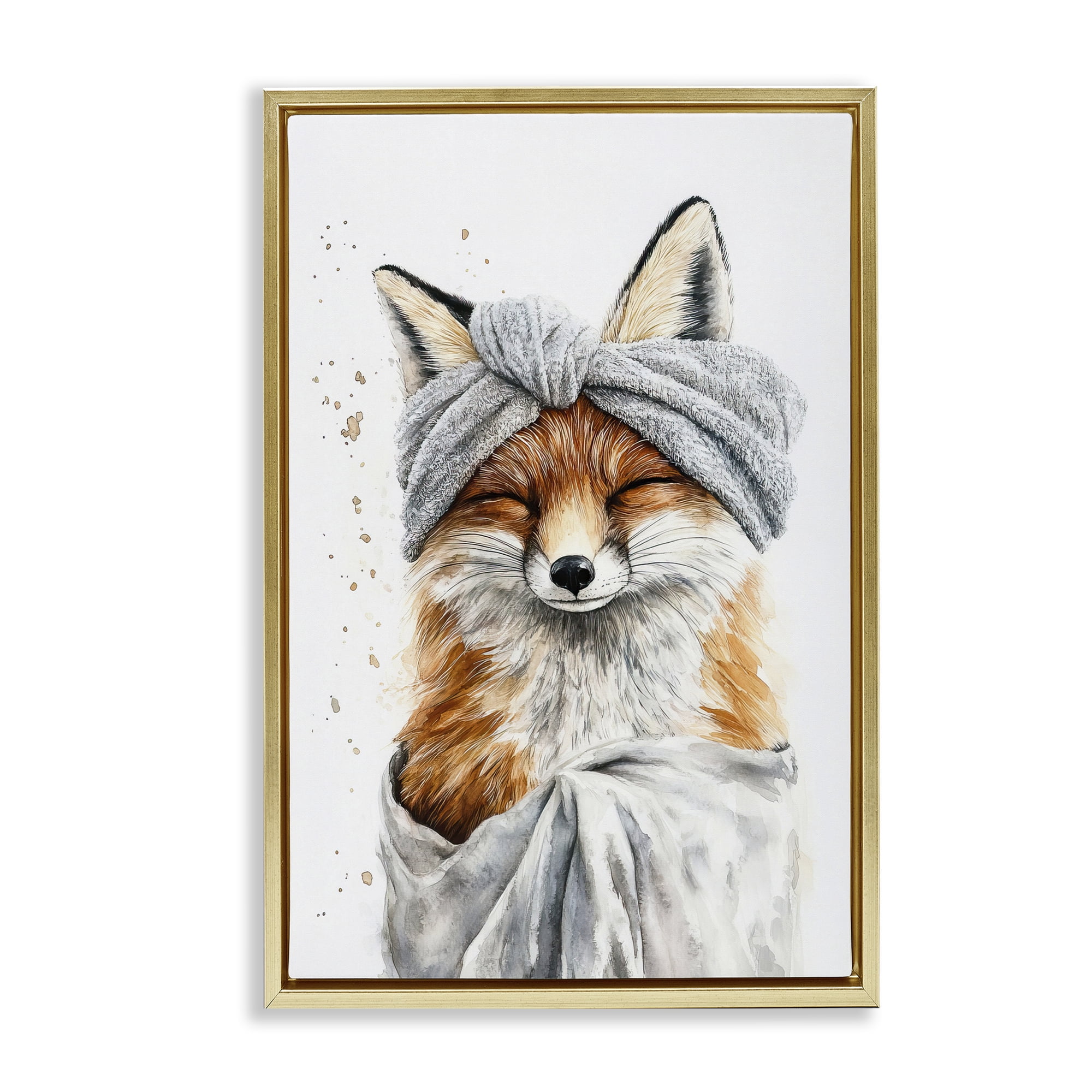 Stupell Industries Bathroom Fox Wrapped in Towel Gold Framed Floater Canvas Wall Art, design by Tina LeCour