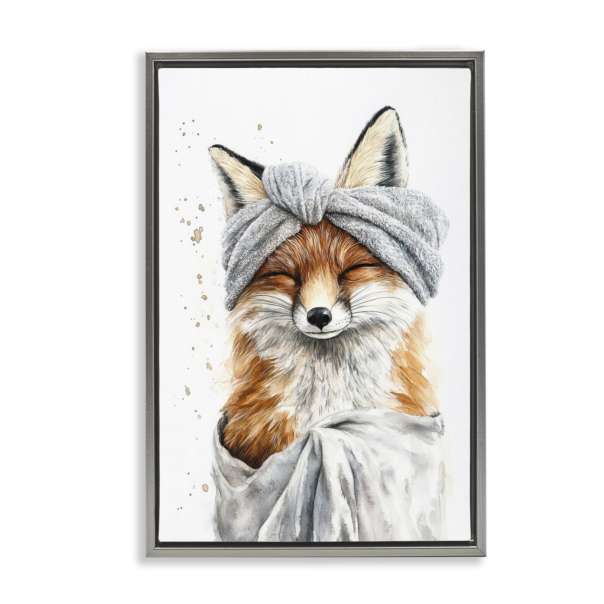 Stupell Industries Bathroom Fox Wrapped in Towel Gray Framed Floater Canvas Wall Art, design by Tina LeCour