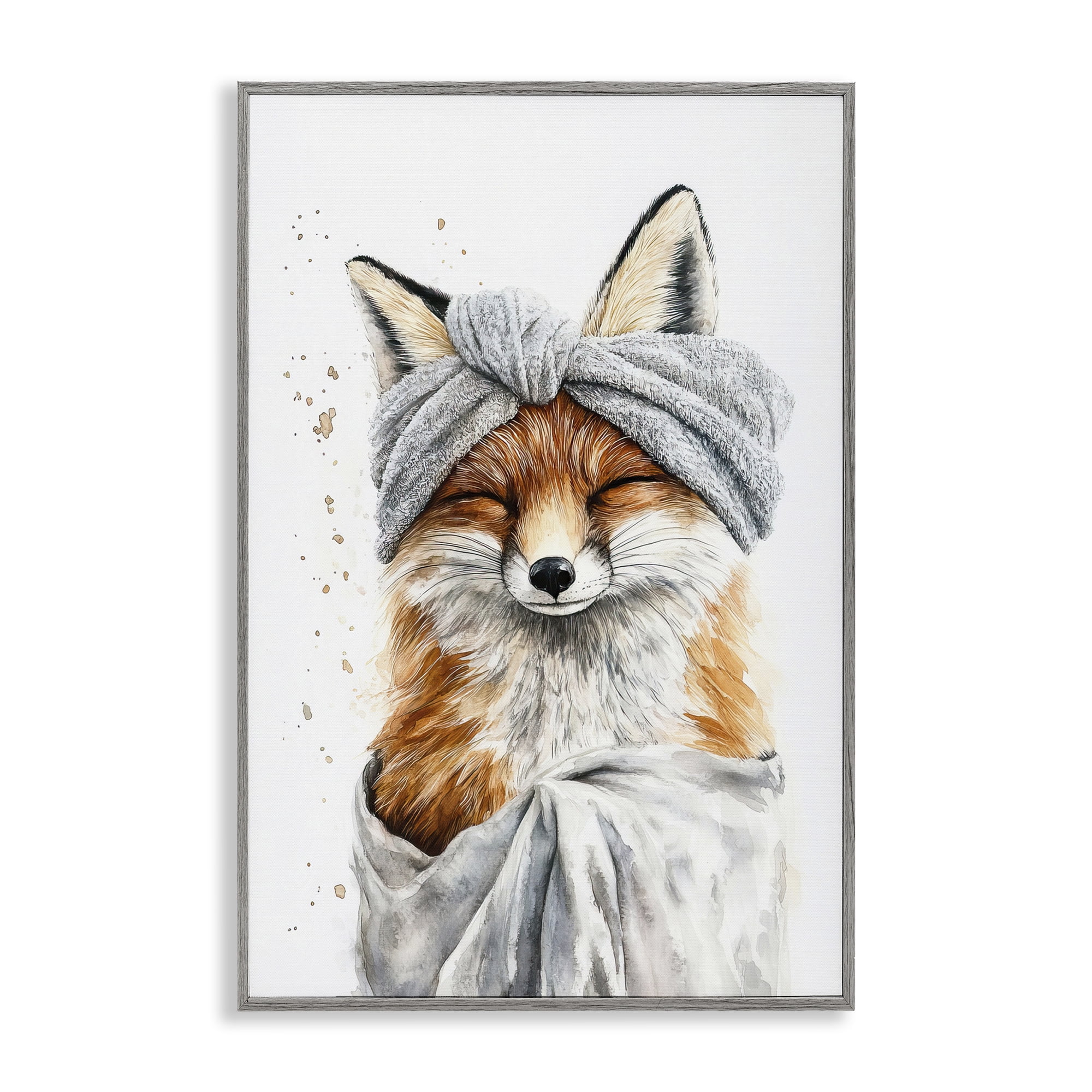 Stupell Industries Bathroom Fox Wrapped in Towel Gray Framed Giclee Art, design by Tina LeCour