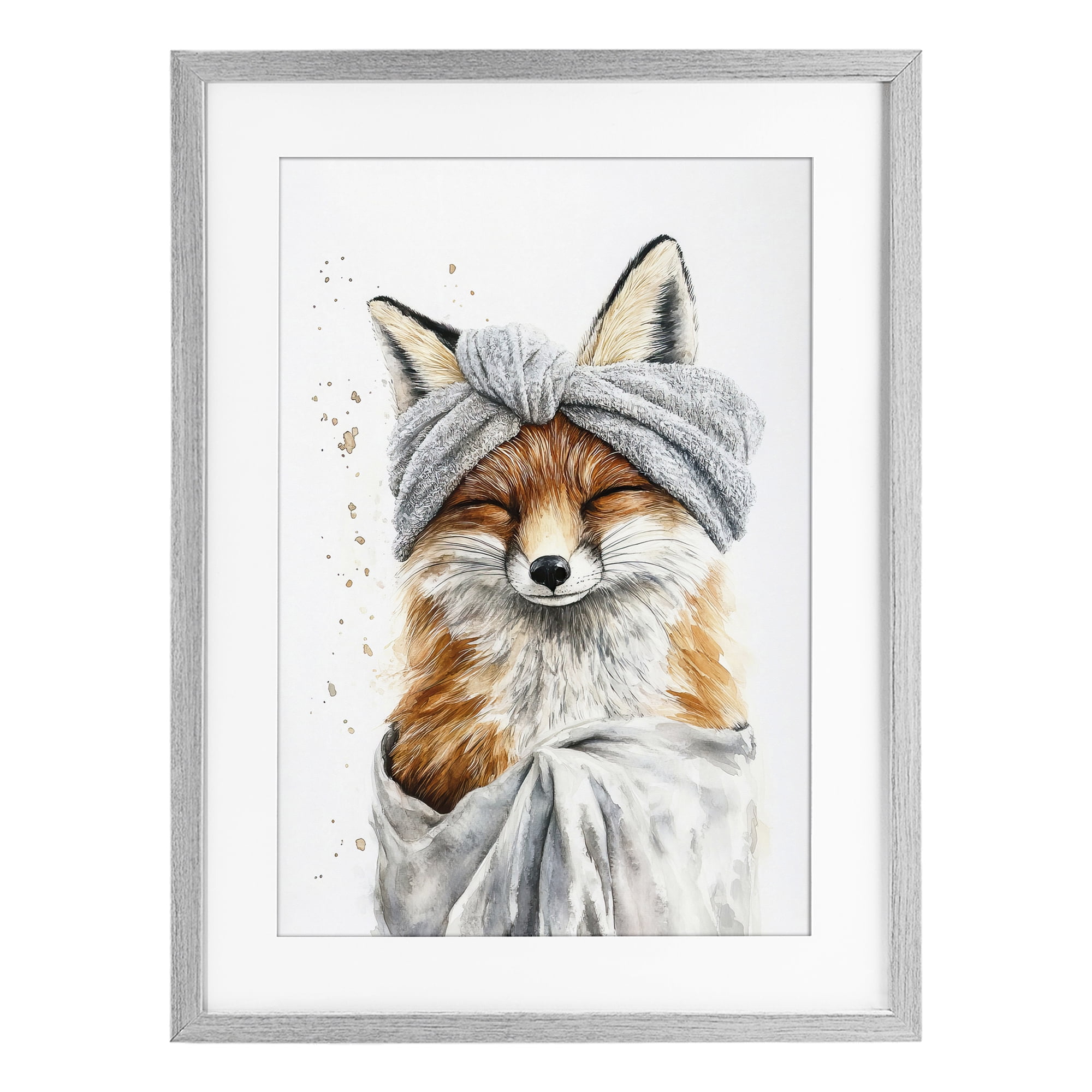 Stupell Industries Bathroom Fox Wrapped in Towel Gray Framed Print Under Glass, design by Tina LeCour