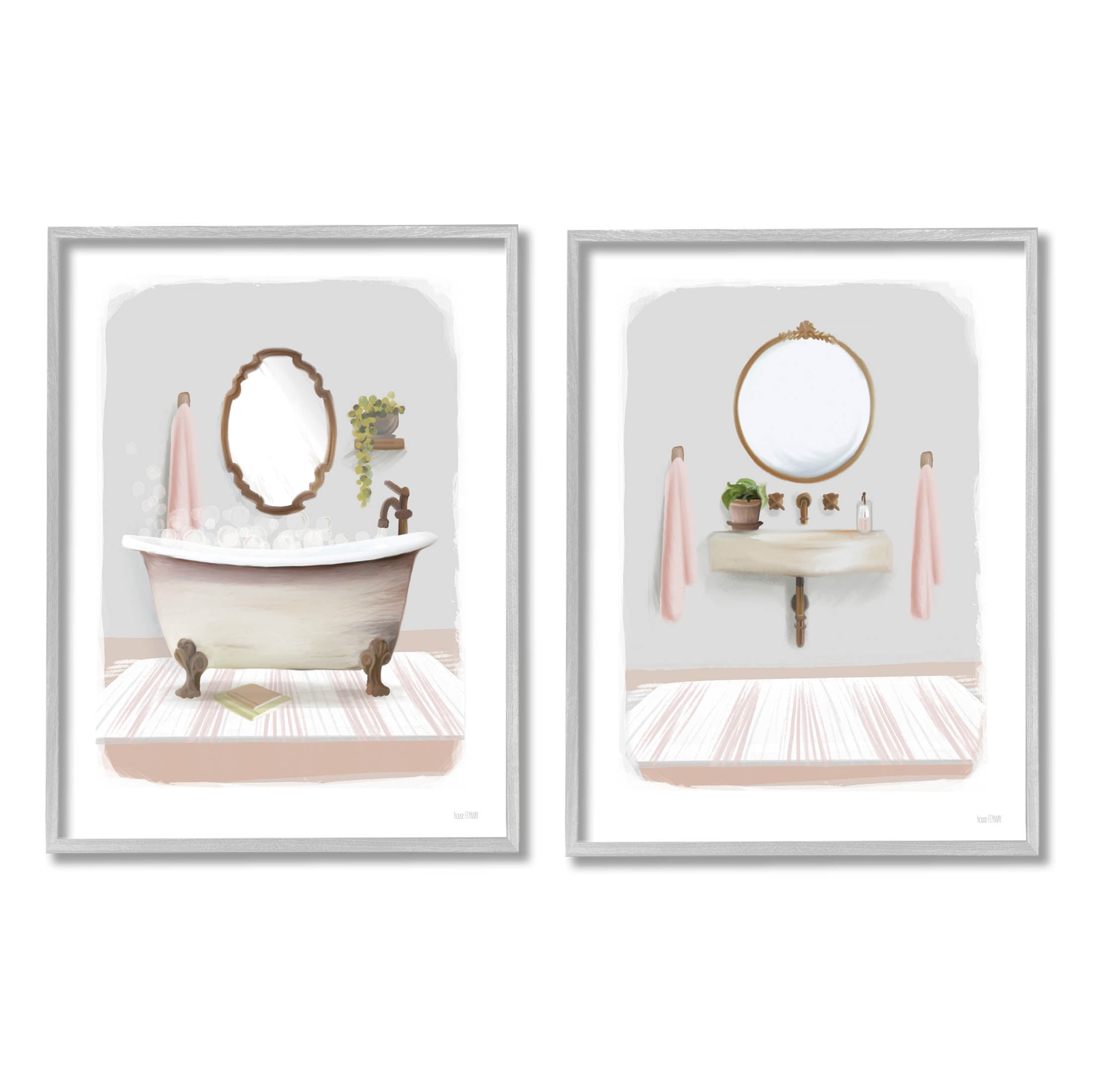 Stupell Industries Bathroom Interior Bubble Bath Graphic Art Gray Framed Art Print Wall Art, Set of 2, Design by House Fenway