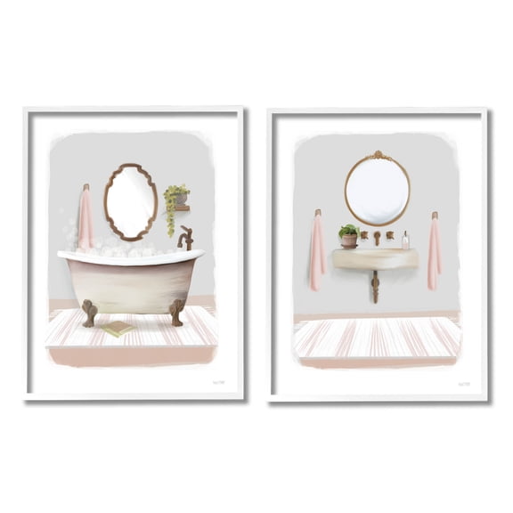 Stupell Industries Bathroom Interior Bubble Bath Graphic Art White Framed Art Print Wall Art, Set of 2, Design by House Fenway