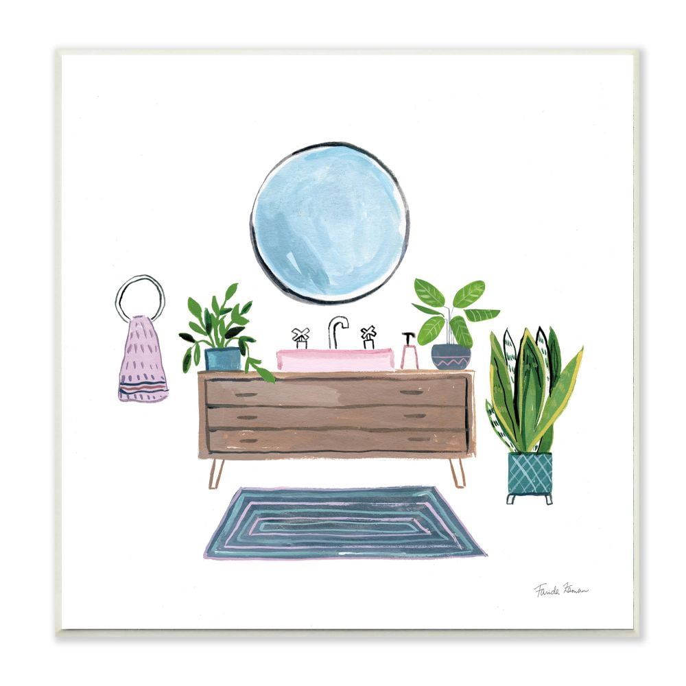 Stupell Industries Bathroom Interior Sink with Plants Blue Pink Artwork Wall Plaque Design by Farida Zaman