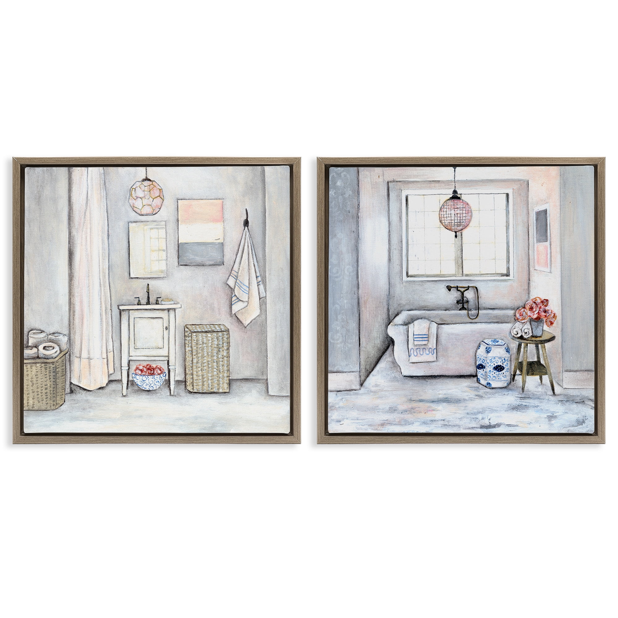 Stupell Industries Bathroom Interior Soft Cottage Design Abstract Drawing Brown Floater Framed Canvas Art Print Wall Art, 18 x 18, Set of 2