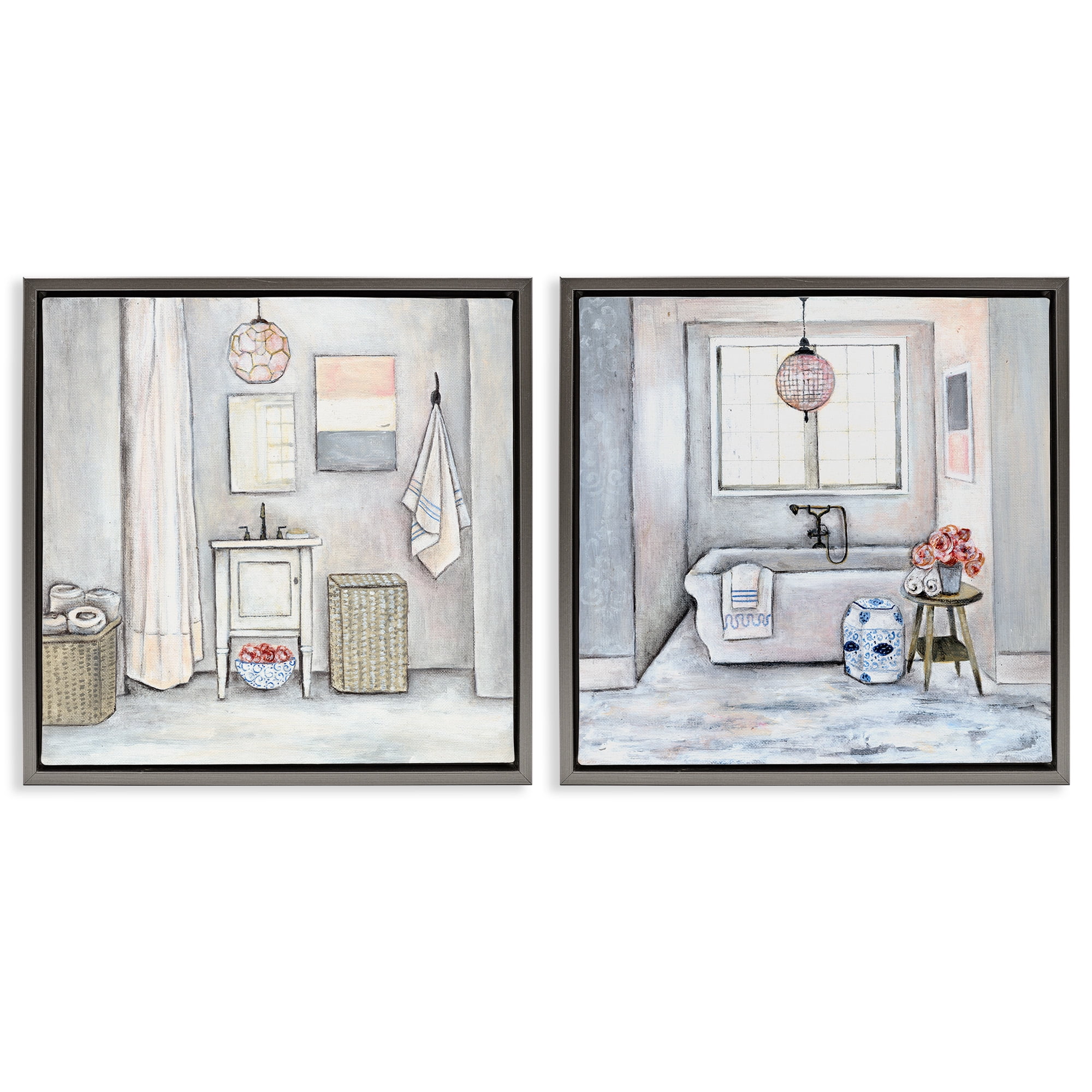 Stupell Industries Bathroom Interior Soft Cottage Design Abstract Drawing Gray Floater Framed Canvas Art Print Wall Art, 25 x 25, Set of 2