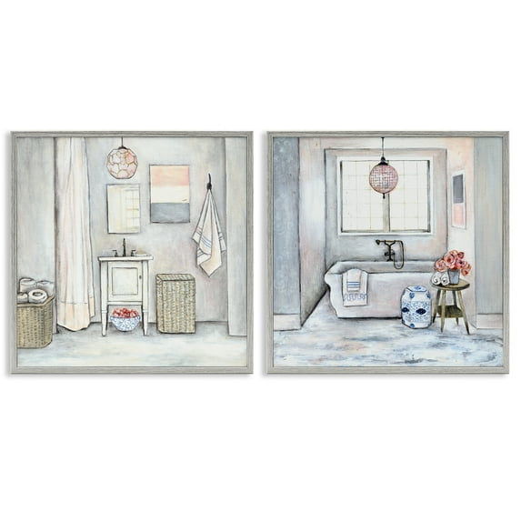 Stupell Industries Bathroom Interior Soft Cottage Design Abstract Drawing Gray Framed Art Print Wall Art, 24 x 24, Set of 2