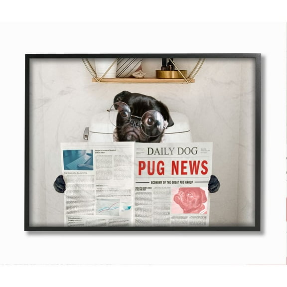 Stupell Industries Bathroom Pug Daily Toilet Briefing Dog Humor Framed Wall Art Design by Ziwei Li, 16" x 20", Black Framed