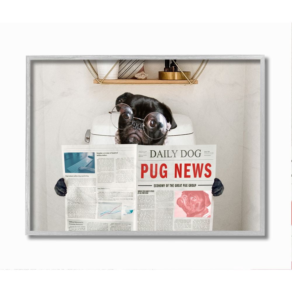 Stupell Industries Bathroom Pug Daily Toilet Briefing Dog Humor Framed Wall Art Design by Ziwei Li, 16" x 20", Gray Framed