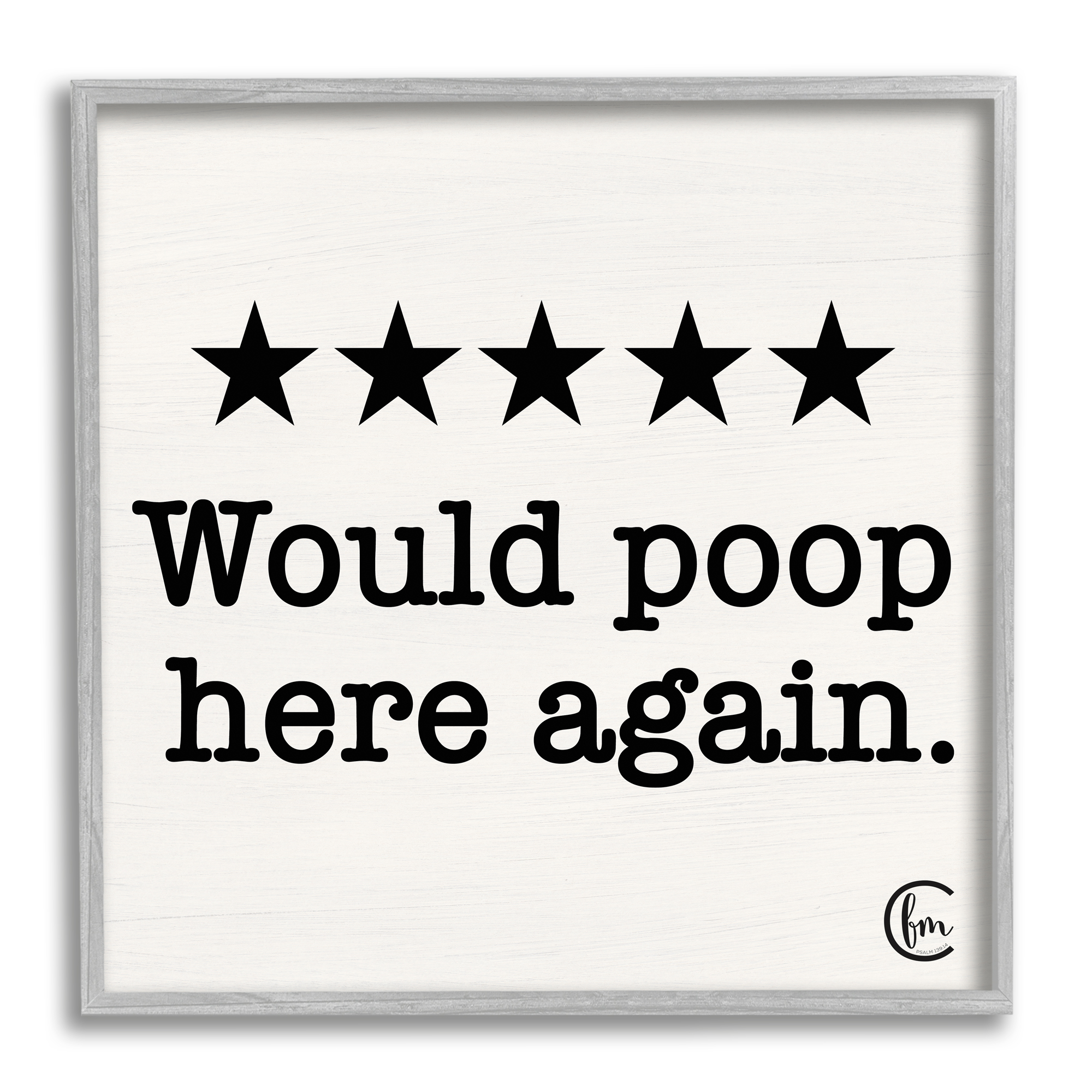 Stupell Industries Bathroom Rating Five Starts Would Poop Here Again Black and White Sign, 12 x 12,Design by Penny Lane Publishing