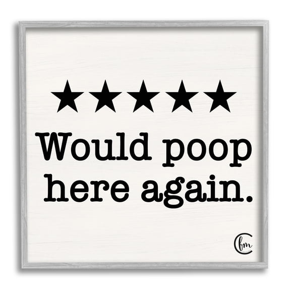 Stupell Industries Bathroom Rating Five Starts Would Poop Here Again Black and White Sign, 12 x 12,Design by Penny Lane Publishing