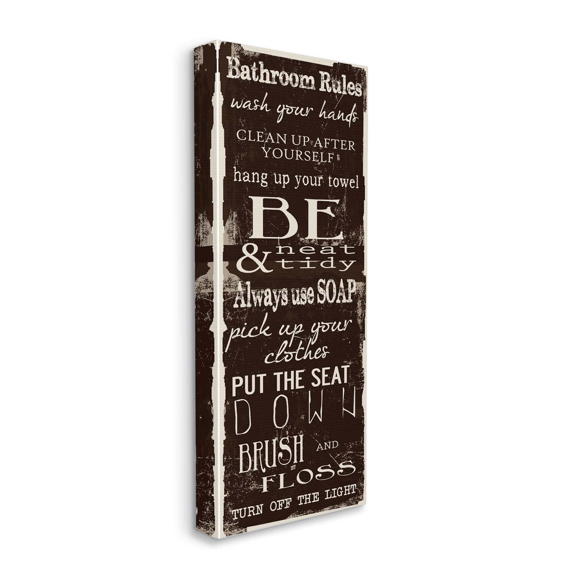Chocolate Brown and White Bathroom Rules Canvas Wall Art