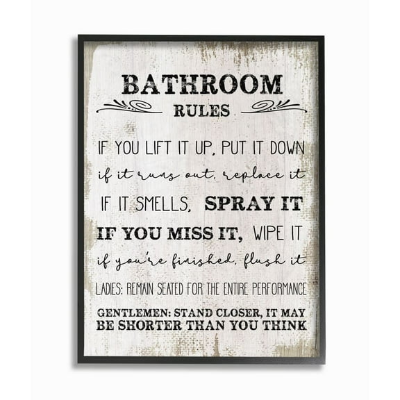Stupell Industries Bathroom Rules Funny Word Wood Textured Design Framed Giclee Texturized Art by Daphne Polselli