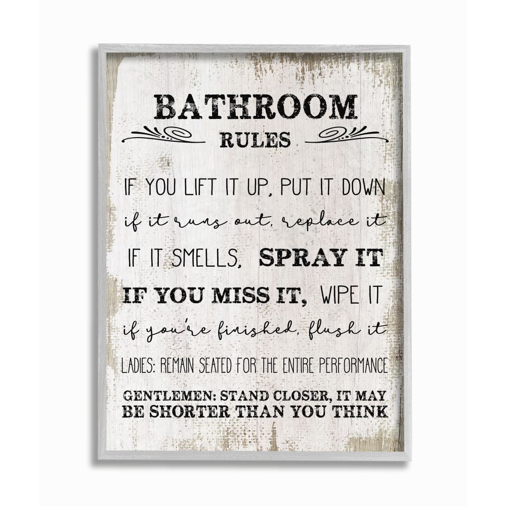 Gray Framed Bathroom Rules Funny Word Wood Textured Design Print