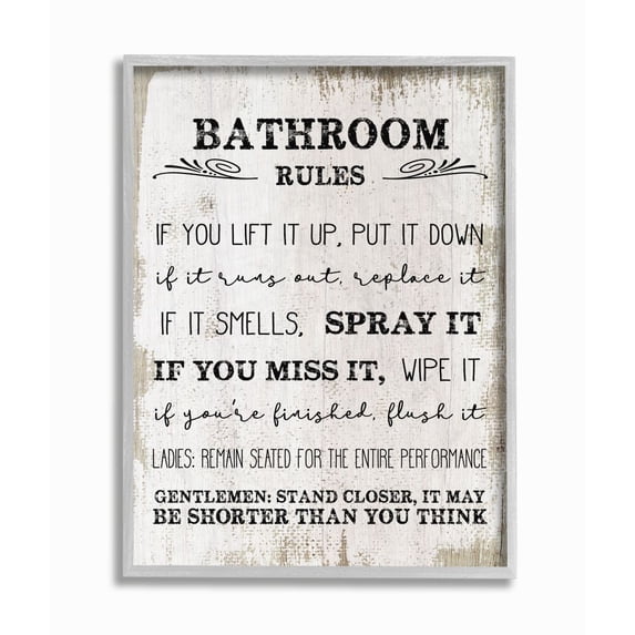 Stupell Industries Bathroom Rules Funny Word Wood Textured Design Gray Farmhouse Rustic Framed Giclee Texturized Art by Daphne Polselli