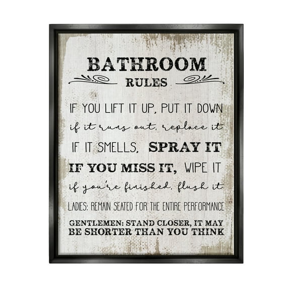 Stupell Industries Bathroom Rules Funny Word Wood Textured Design Jet Black Framed Floating Canvas Wall Art, 16x20, by Daphne Polselli