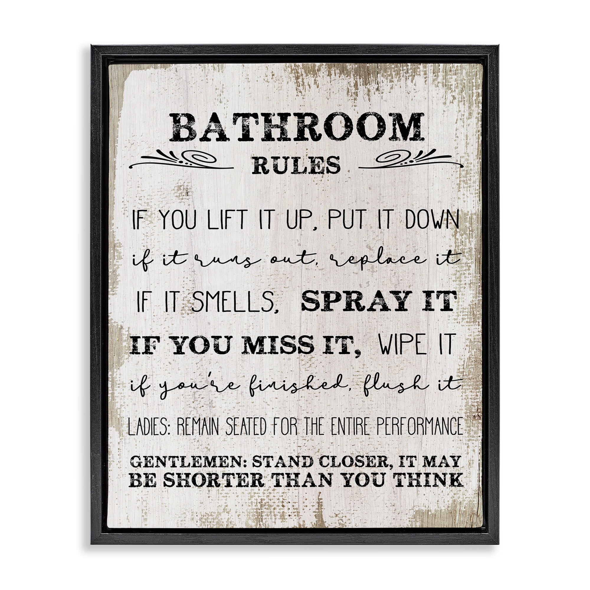 Stupell Industries Bathroom Rules Funny Word Wood Textured Design Jet Black Framed Floating Canvas Wall Art, 24x30, by Daphne Polselli