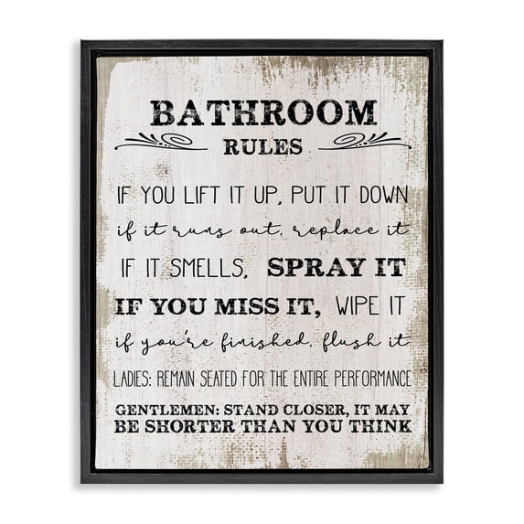 Stupell Industries Bathroom Rules Funny Word Wood Textured Design Jet Black Framed Floating Canvas Wall Art, 24x30, by Daphne Polselli