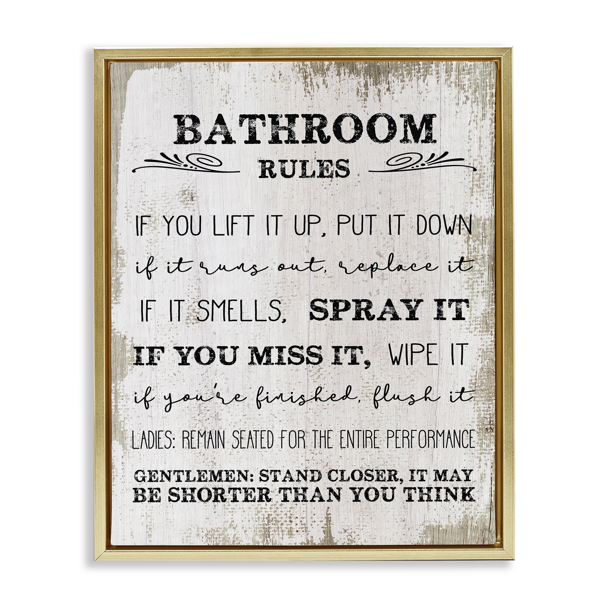 Stupell Industries Bathroom Rules Funny Word Wood Textured Design Metallic Gold Framed Floating Canvas Wall Art, 16x20, by Daphne Polselli