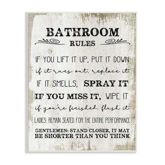 Stupell Industries Bathroom Rules Funny Word Wood Textured Design Wall Plaque Art by Daphne Polselli
