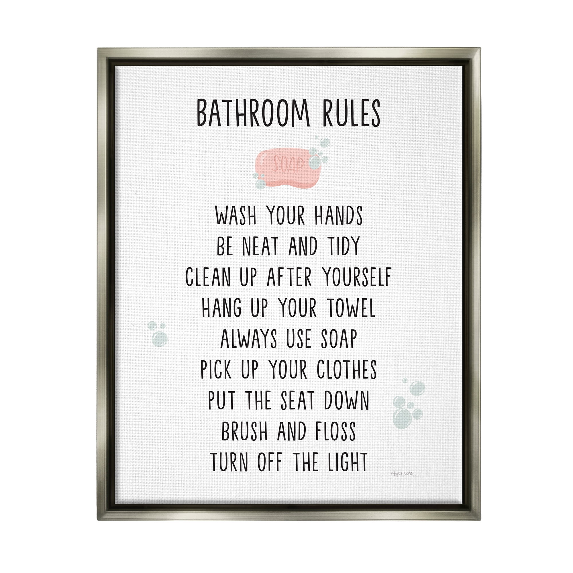 Stupell Industries Bathroom Rules List Soap Bubbles Typography Painting Gray Floater Framed Art Print Wall Art
