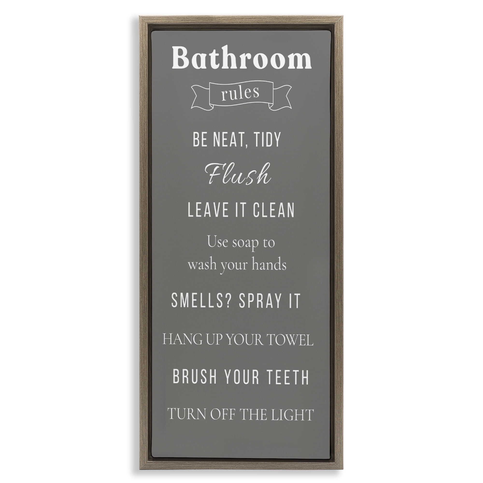 Stupell Industries Bathroom Rules Reminders Brown Framed Floater Canvas Wall Art, design by Julia Frost
