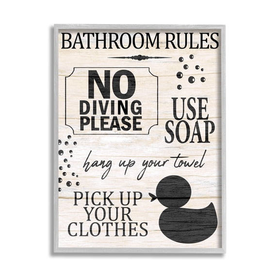 Stupell Industries Bathroom Rules Rustic Grain Pattern Design Sign Framed Wall Art, 24 x 30, Design by Kim Allen