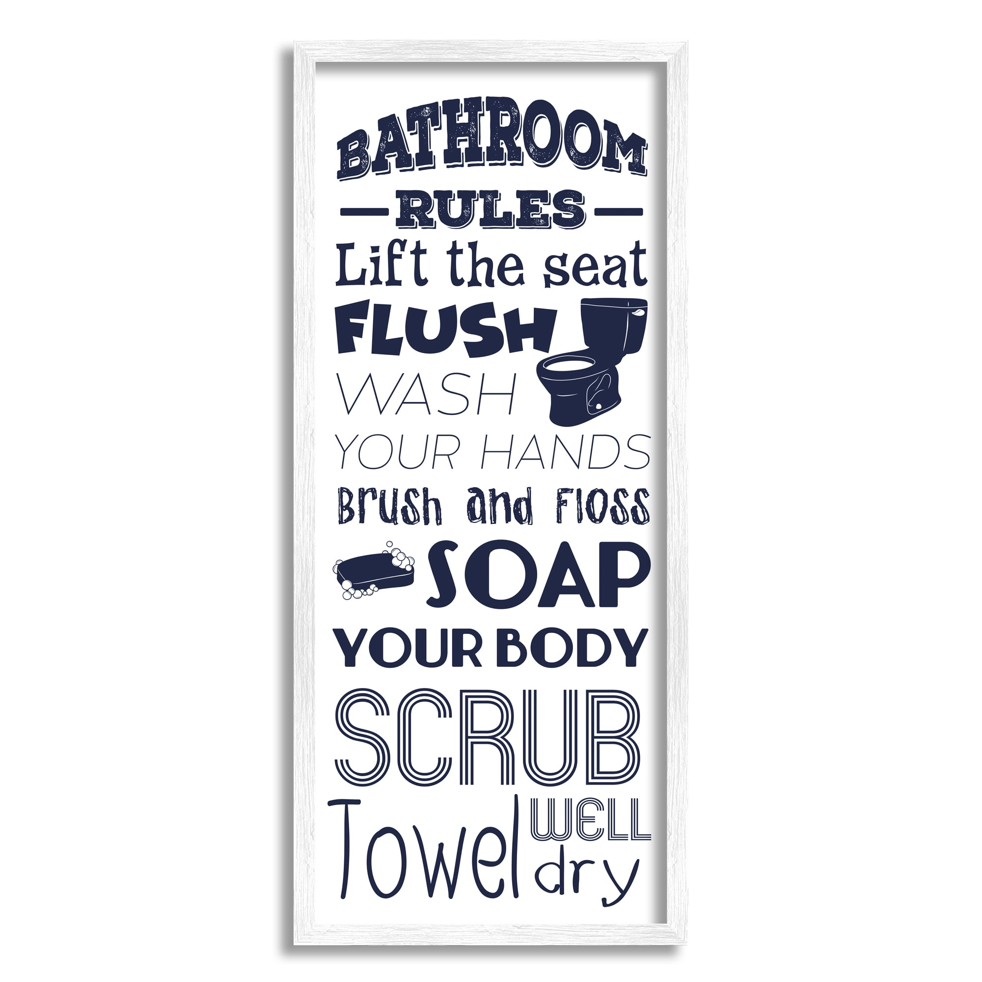 Stupell Industries Bathroom Rules Sign Navy Blue Toilet Bubbly Soap, 10 x 24, Designed by Marcus Prime