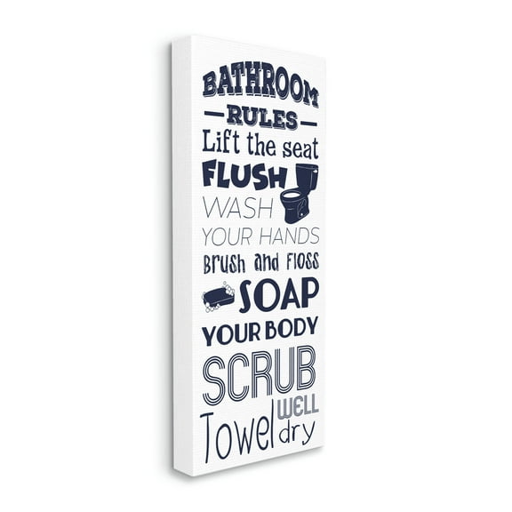 Stupell Industries Bathroom Rules Sign Navy Blue Toilet Bubbly Soap, 10 x 24, Designed by Marcus Prime