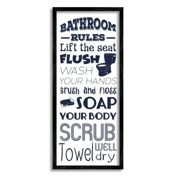 Stupell Industries Bathroom Rules Sign Navy Blue Toilet Bubbly Soap Graphic Art Black Framed Art Print Wall Art, 10x24, by Marcus Prime