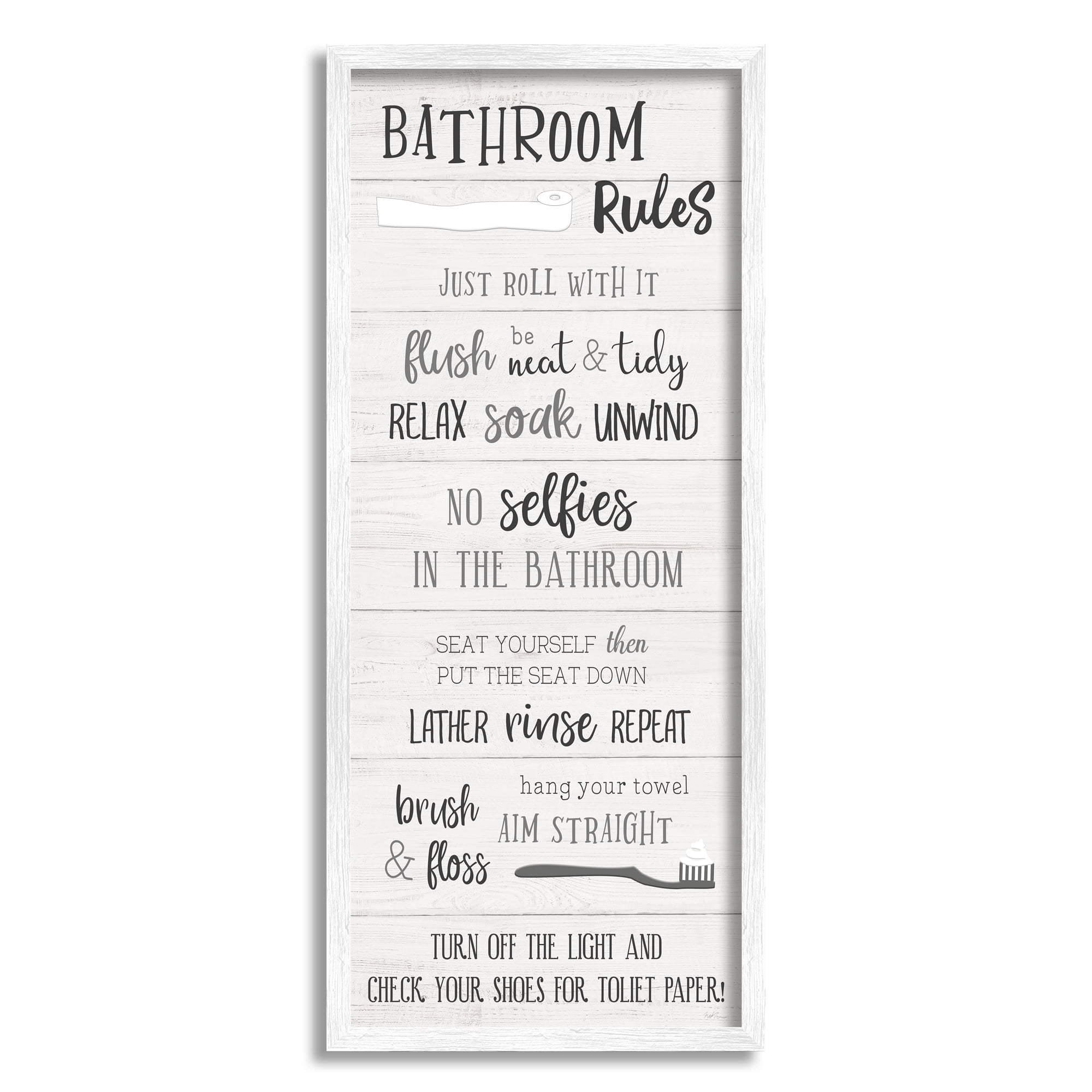 Stupell Industries Bathroom Rules Sign Toilet Paper Fun Phrases Graphic Art White Framed Art Print Wall Art, 13x30, by Natalie Carpentieri