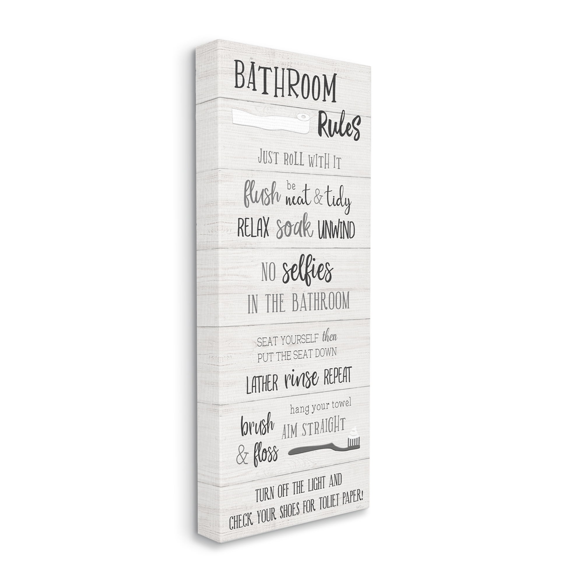 Stupell Industries Bathroom Rules Sign Toilet Paper Fun Phrases Typography Painting Gallery Wrapped Canvas Print Wall Art, 10 x 24