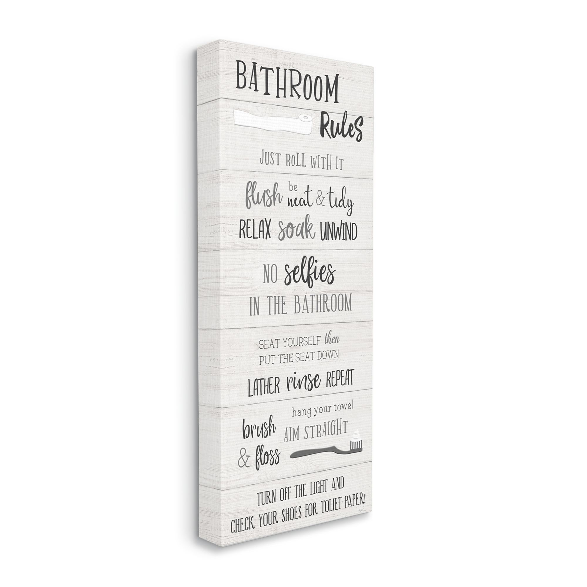 Stupell Industries Bathroom Rules Sign Toilet Paper Fun Phrases Typography Painting Gallery Wrapped Canvas Print Wall Art, 17 x 40