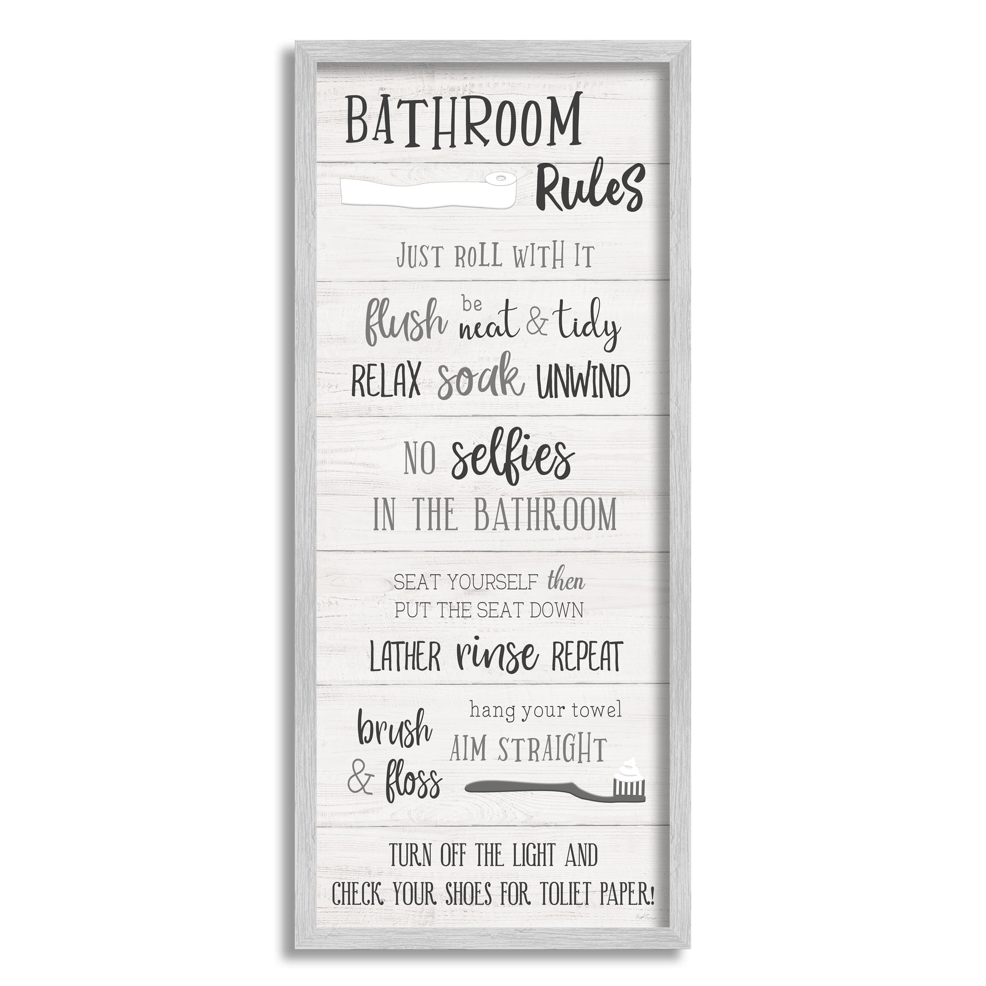 Stupell Industries Bathroom Rules Sign Toilet Paper Fun Phrases Typography Painting Gray Framed Art Print Wall Art, 10 x 24
