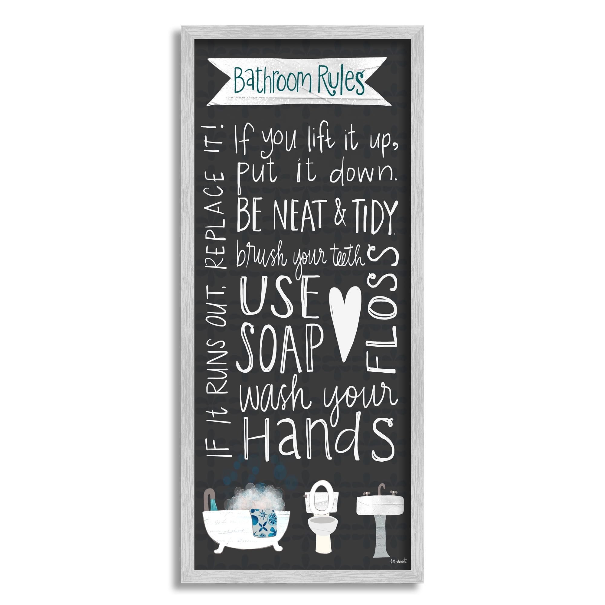 Stupell Industries Bathroom Rules Sign Whimsical Tub Toilet Sink, 10 x 24,Design by Katie Doucette