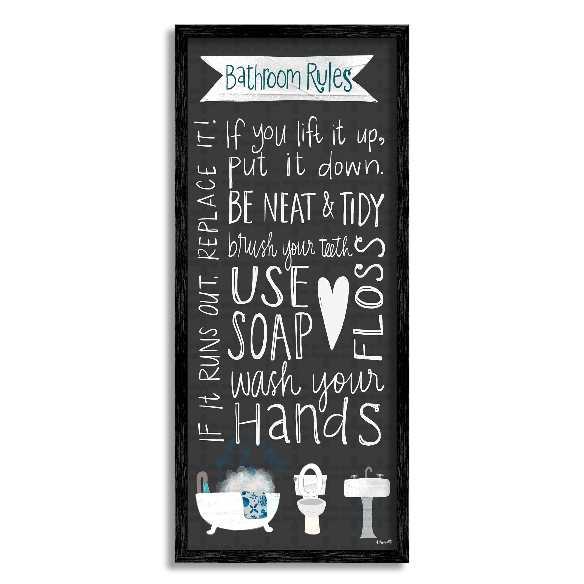 Stupell Industries Bathroom Rules Sign Whimsical Tub Toilet Sink, 13 x 30,Design by Katie Doucette